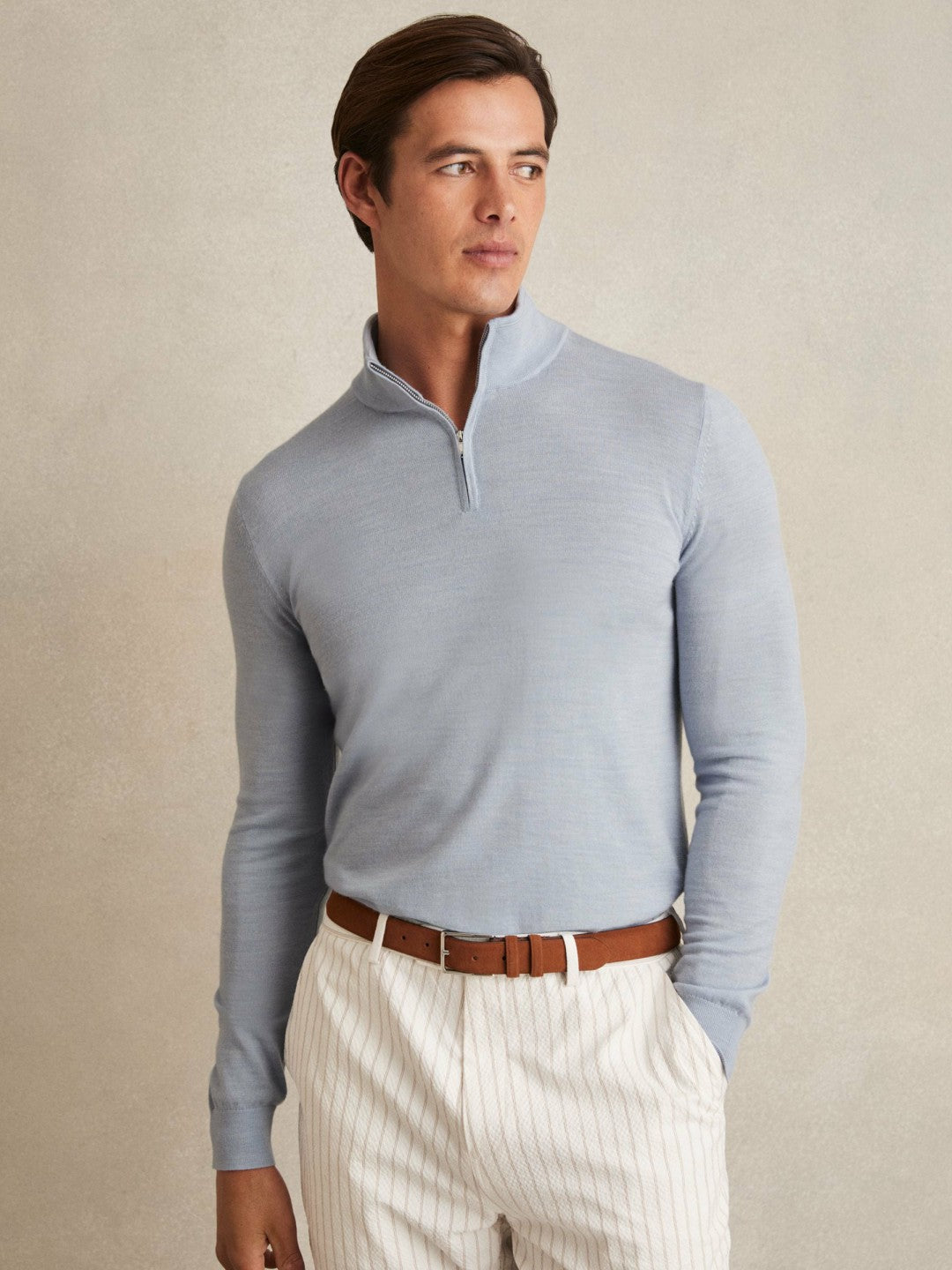 Reiss Merino Wool Half-Zip Jumper in Soft Blue