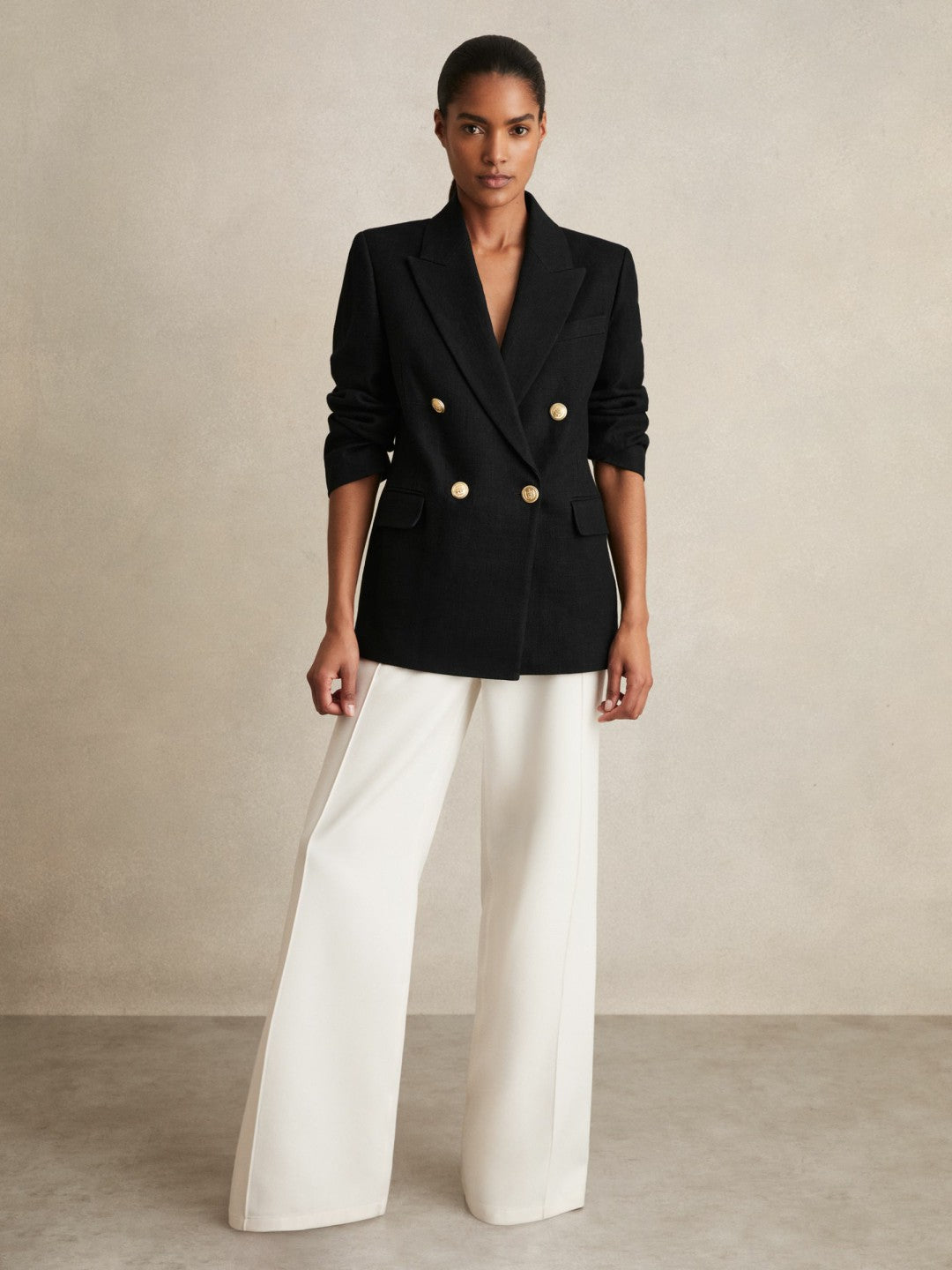 Reiss Petite Oversized Double-Breasted Blazer Linen-Blend in Black
