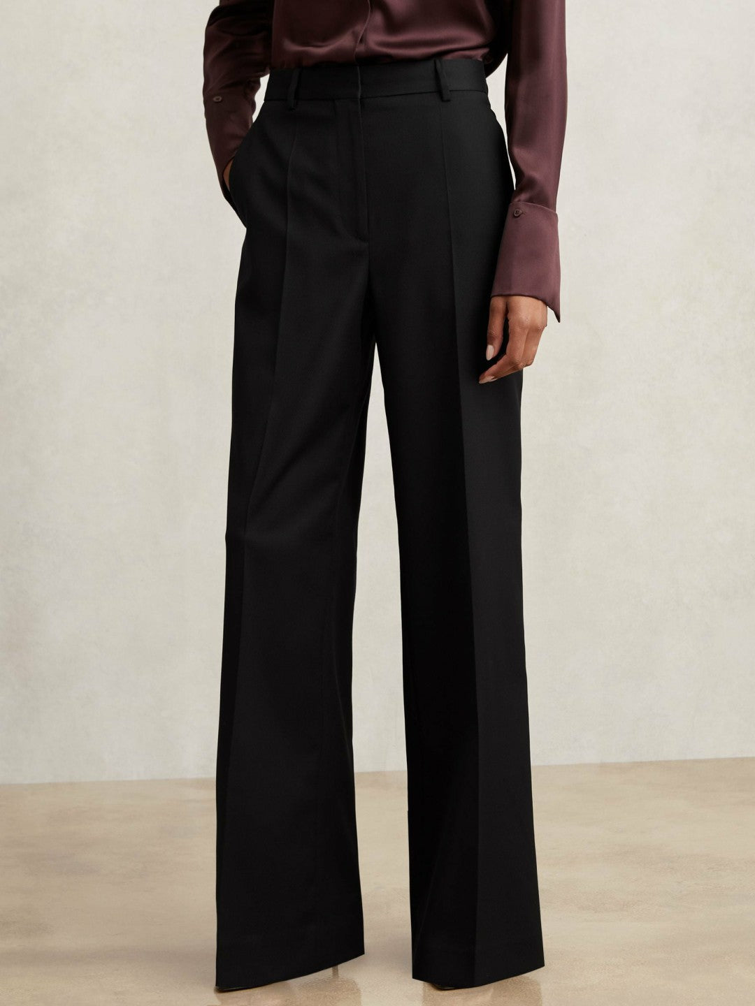 Reiss Petite Wool-Blend Wide-Leg Suit Trousers in Black
