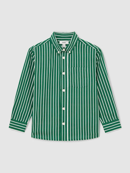 Reiss 9-13 yrs Cotton-Poplin Striped Oversize Shirt in Green/White