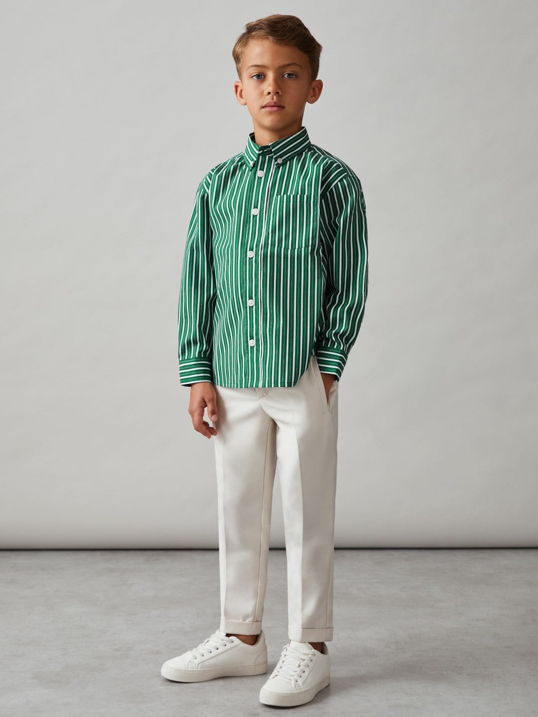 Reiss 9-13 yrs Cotton-Poplin Striped Oversize Shirt in Green/White