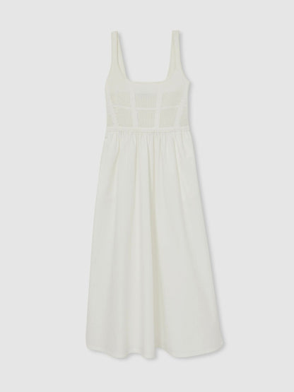 Reiss Perforated-Knit Cotton-Skirt Midi Dress in Ivory