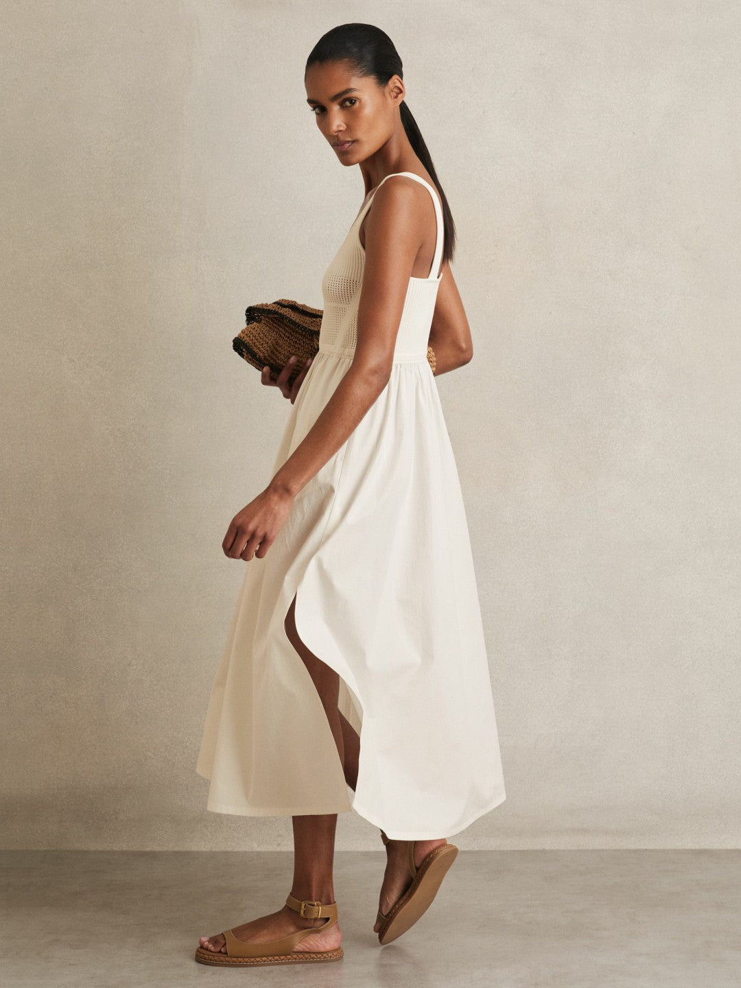 Reiss Perforated-Knit Cotton-Skirt Midi Dress in Ivory