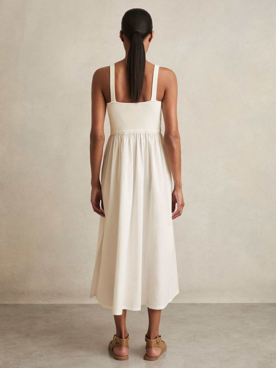 Reiss Perforated-Knit Cotton-Skirt Midi Dress in Ivory