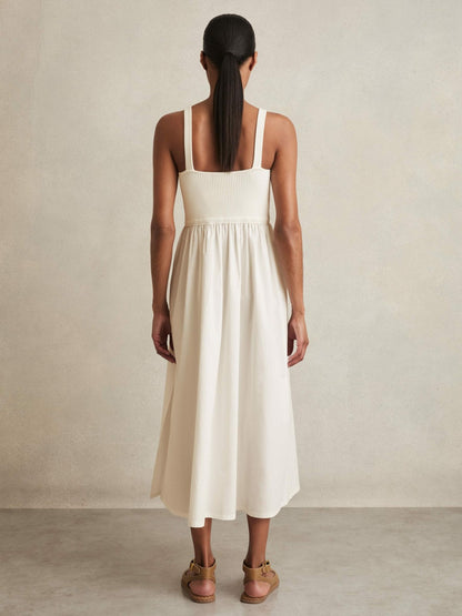 Reiss Perforated-Knit Cotton-Skirt Midi Dress in Ivory