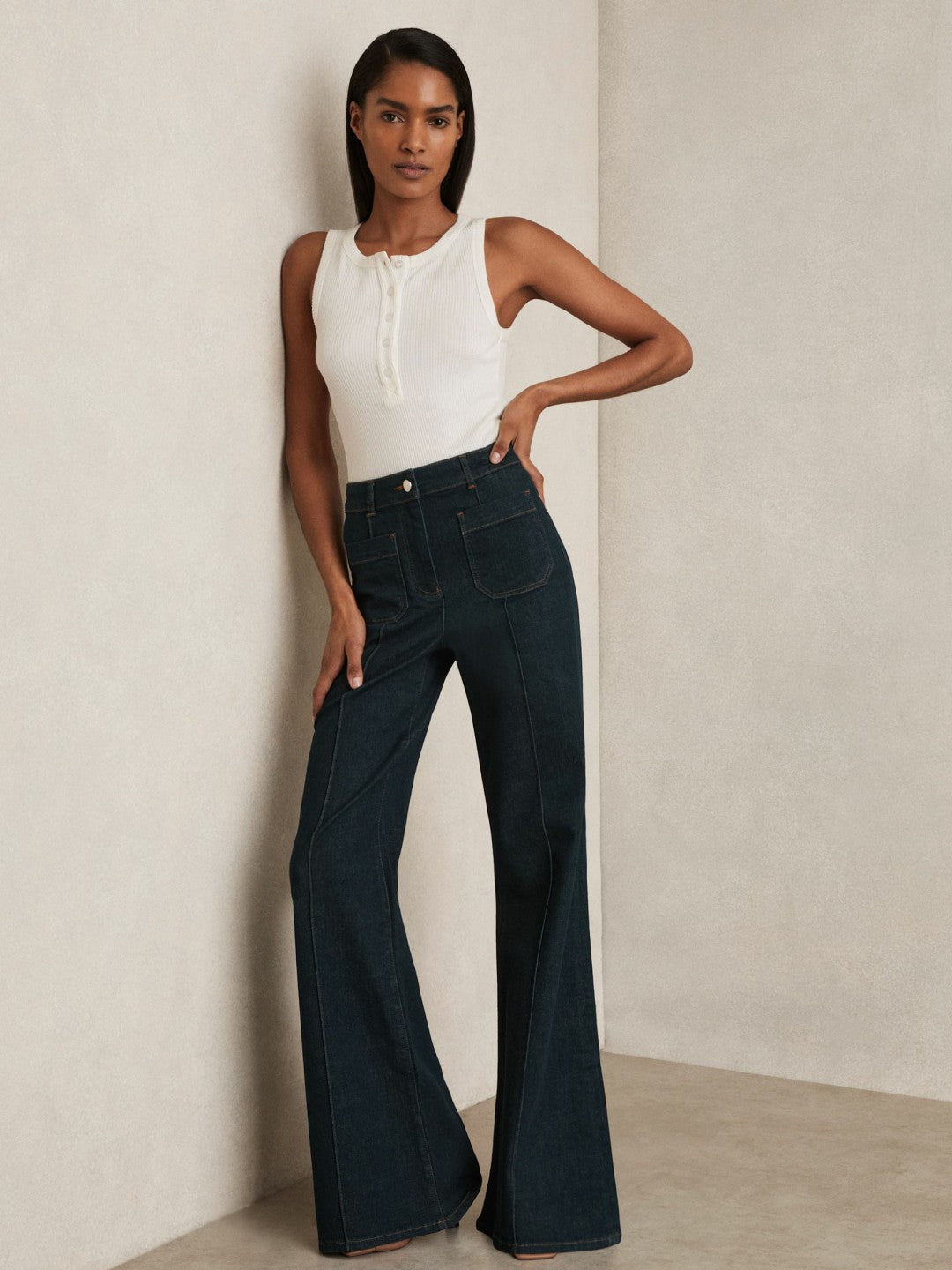 Reiss Petite Patch-Pocket Flared Jeans in Dark Blue