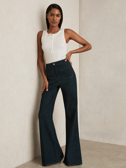 Reiss Petite Patch-Pocket Flared Jeans in Dark Blue