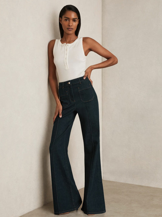 Reiss Petite Patch-Pocket Flared Jeans in Dark Blue