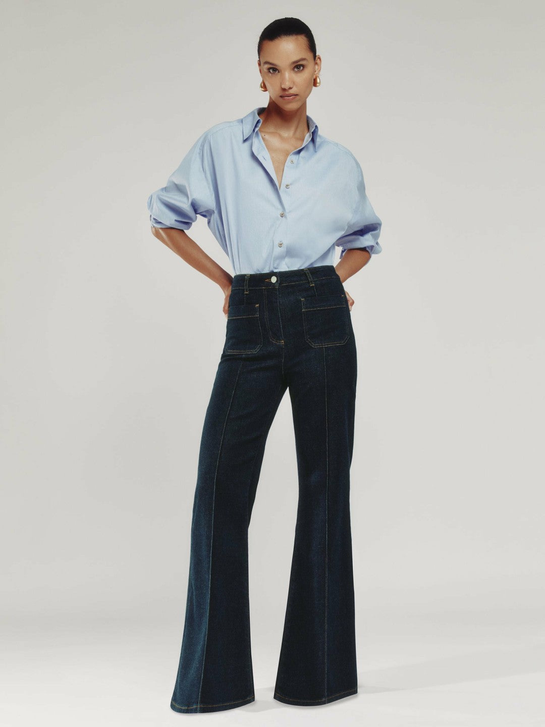 Reiss Petite Patch-Pocket Flared Jeans in Dark Blue