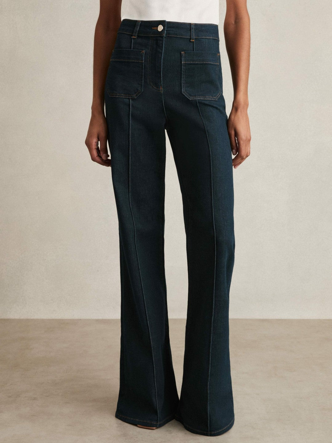 Reiss Petite Patch-Pocket Flared Jeans in Dark Blue