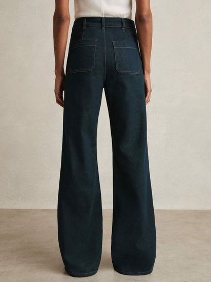 Reiss Petite Patch-Pocket Flared Jeans in Dark Blue