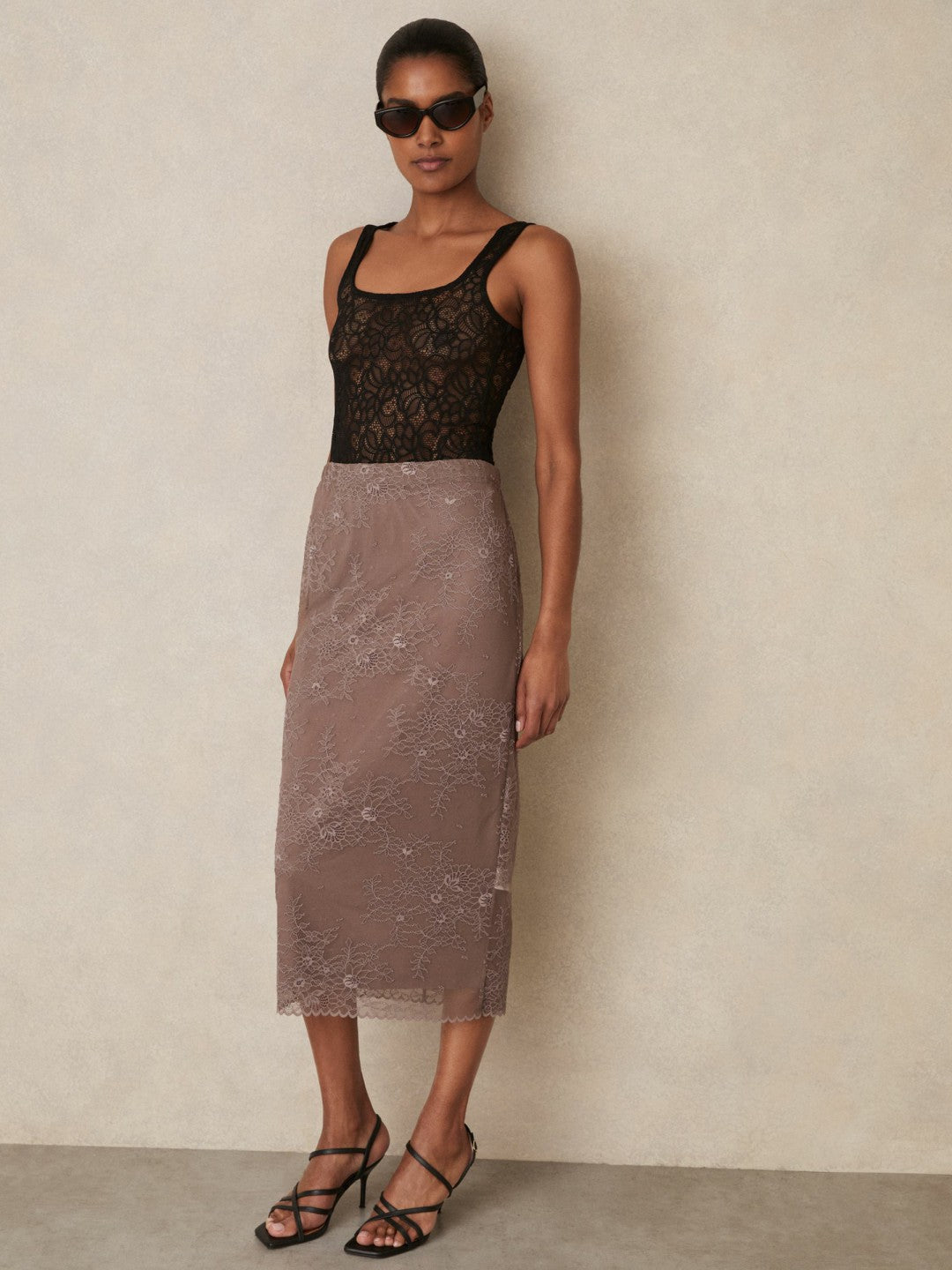 Reiss Lace Pencil Skirt in Taupe Brown