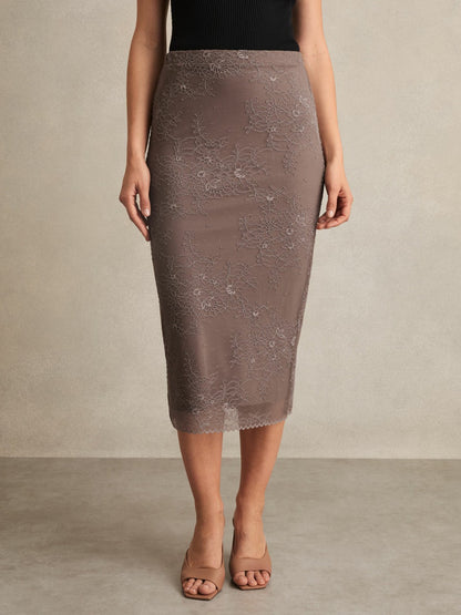 Reiss Lace Pencil Skirt in Taupe Brown