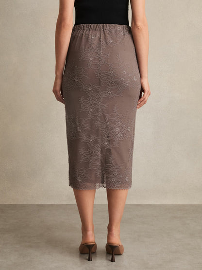 Reiss Lace Pencil Skirt in Taupe Brown