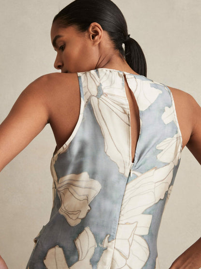 Reiss Satin Floral Drape Midi Dress in Blue