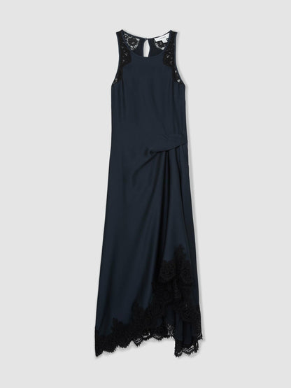Reiss Petite Satin Drape Lace-Trim Dress in Navy