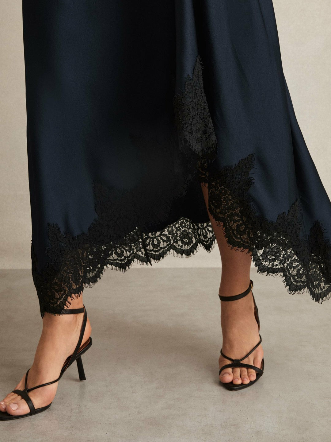 Reiss Petite Satin Drape Lace-Trim Dress in Navy