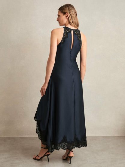 Reiss Petite Satin Drape Lace-Trim Dress in Navy