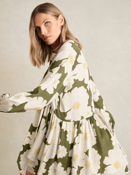 Reiss Floral Tie-Neck Swing Dress in Ivory/Green