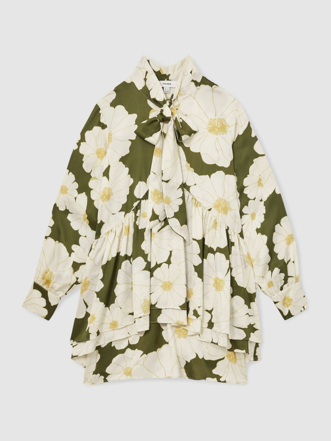 Reiss Floral Tie-Neck Swing Dress in Ivory/Green