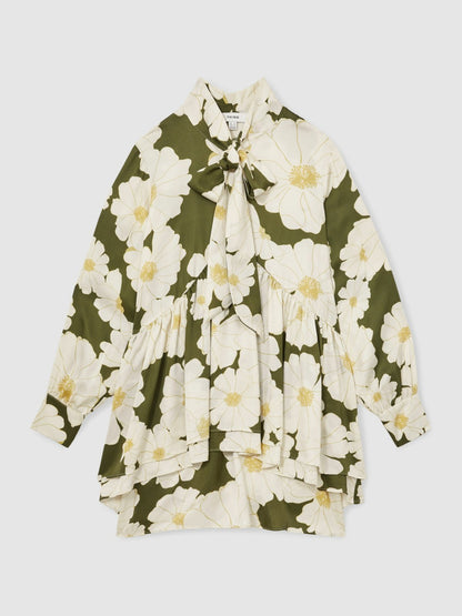 Reiss Floral Tie-Neck Swing Dress in Ivory/Green