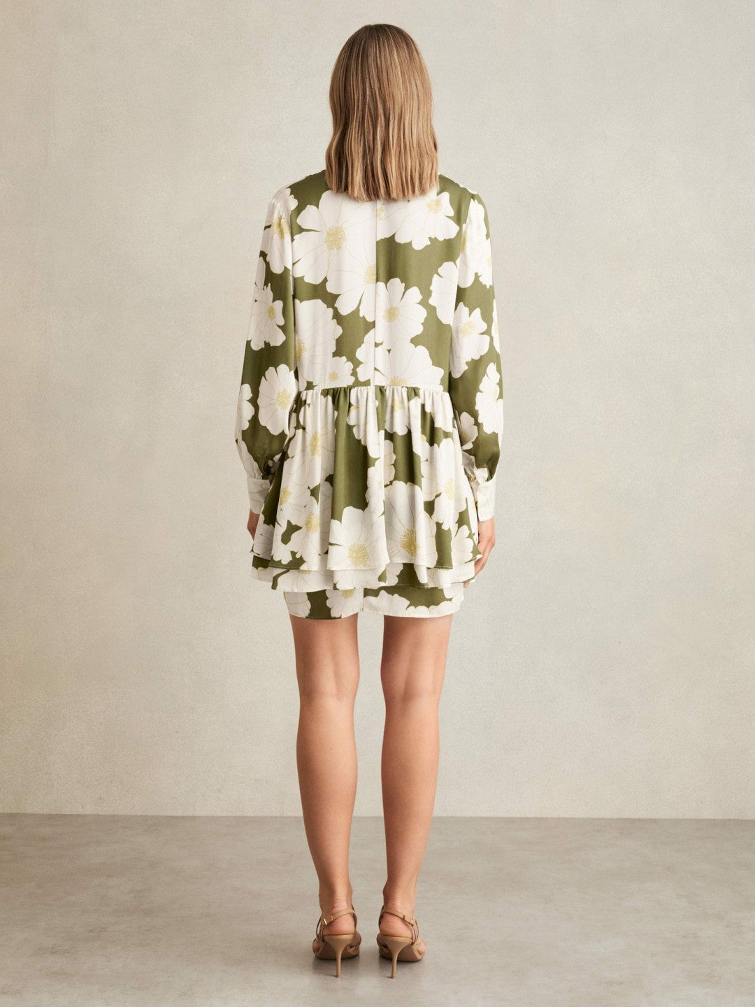 Reiss Floral Tie-Neck Swing Dress in Ivory/Green