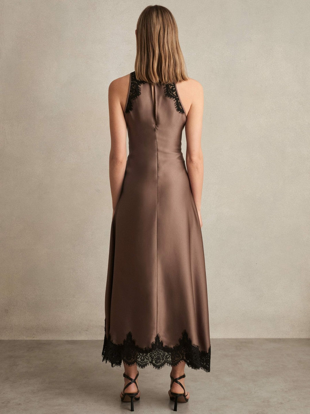 Reiss Petite Satin Drape Lace-Trim Dress in Mocha Brown