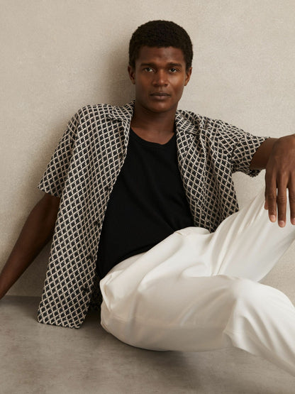 Reiss Geometric-Crochet Cuban-Collar Shirt in Navy/White