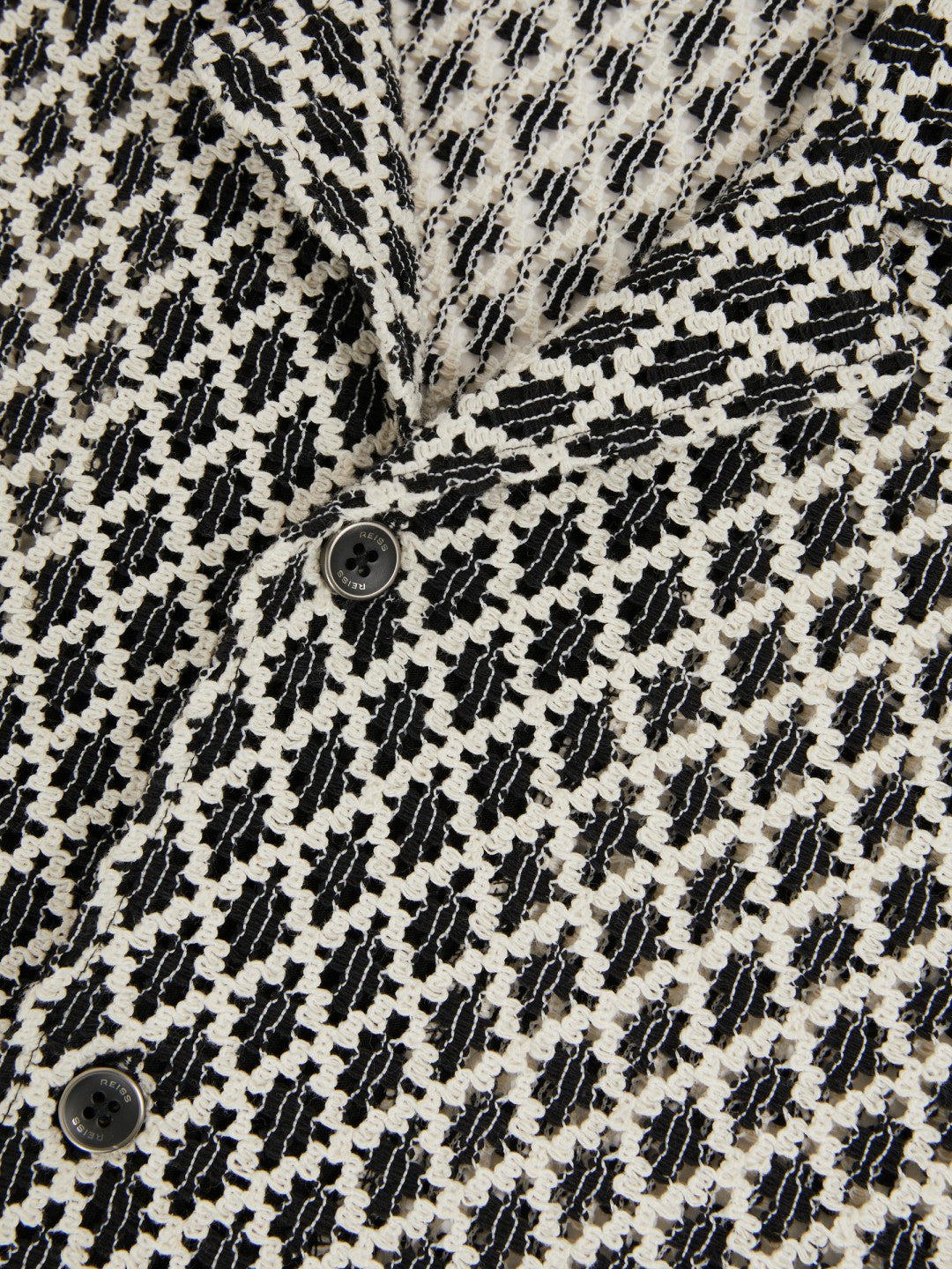 Reiss Geometric-Crochet Cuban-Collar Shirt in Navy/White