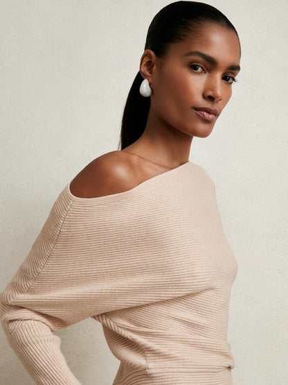 Reiss Asymmetric Draped Knitted Jumper in Oatmeal Neutral
