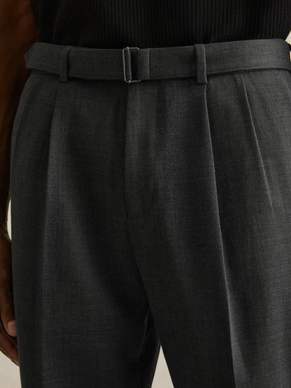 Reiss Wool-Blend Belted Pleated Trousers Regular-Fit in Charcoal Grey