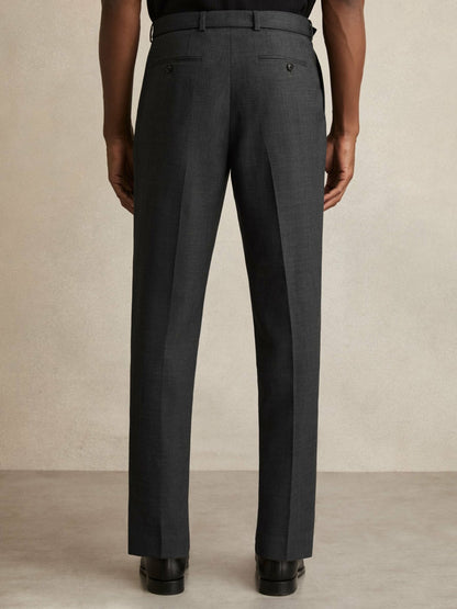 Reiss Wool-Blend Belted Pleated Trousers Regular-Fit in Charcoal Grey