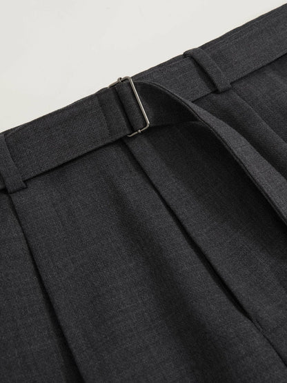 Reiss Wool-Blend Belted Pleated Trousers Regular-Fit in Charcoal Grey