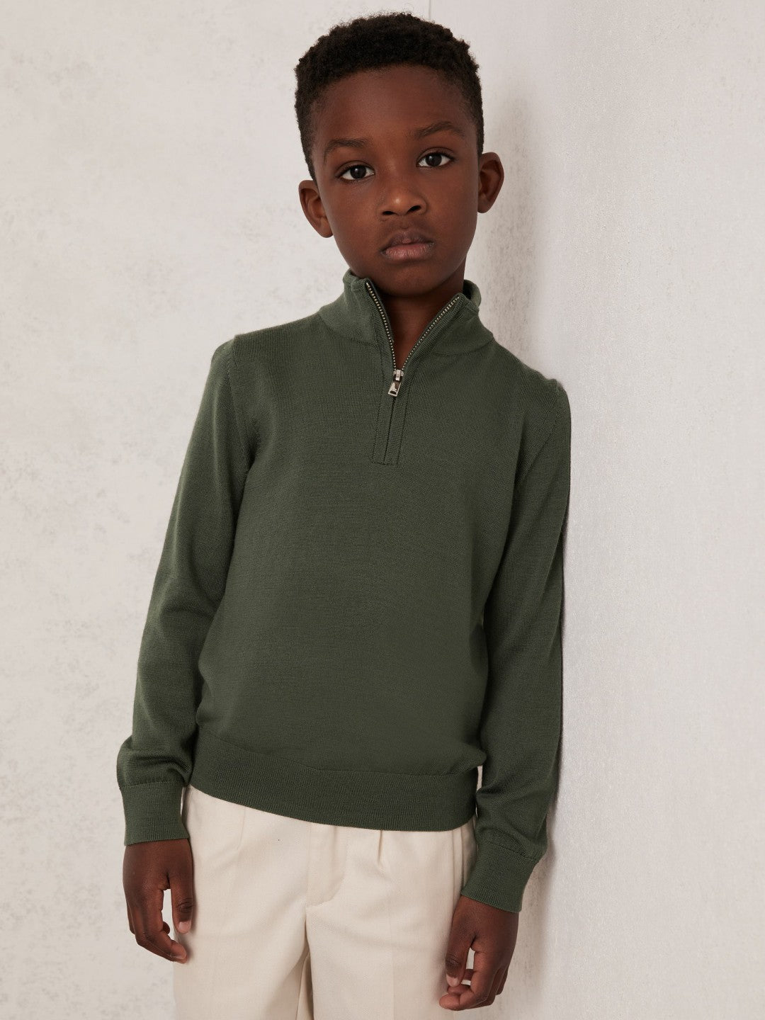 Reiss 3-9 yrs Merino Wool Half-Zip Funnel Neck Jumper in Kale Green