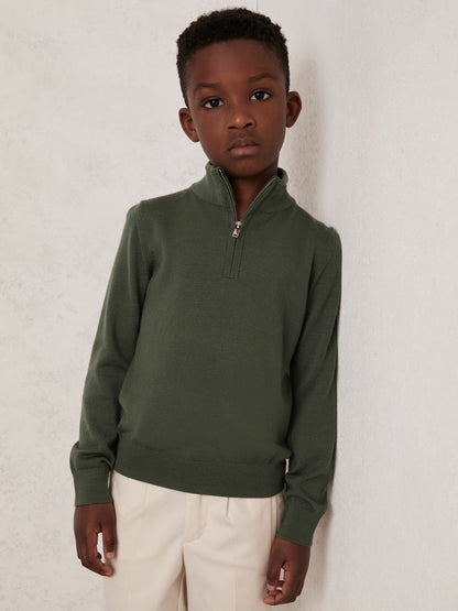 Reiss 9-13 yrs Merino Wool Half-Zip Funnel Neck Jumper in Kale Green