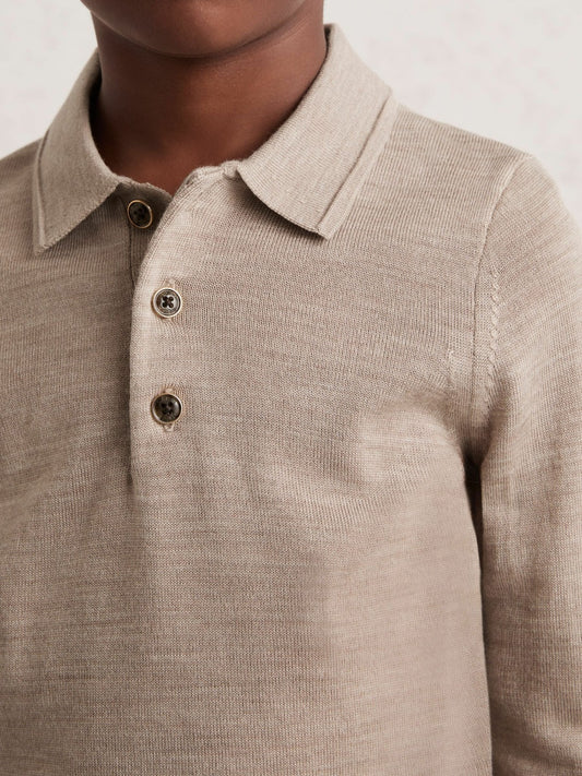 Reiss 9-13 yrs Merino Wool Long-Sleeve Polo Shirt in Wheat Melange