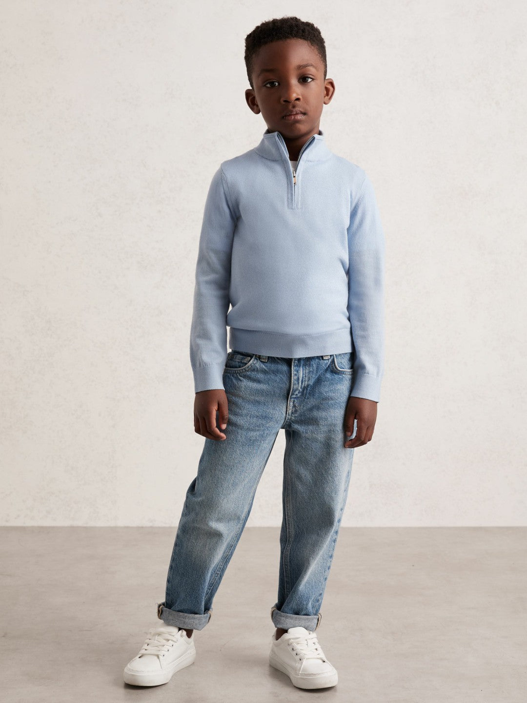 Reiss 3-9 yrs Merino Wool Half-Zip Funnel Neck Jumper in Soft Blue Melange