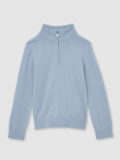 Reiss 3-9 yrs Merino Wool Half-Zip Funnel Neck Jumper in Soft Blue Melange
