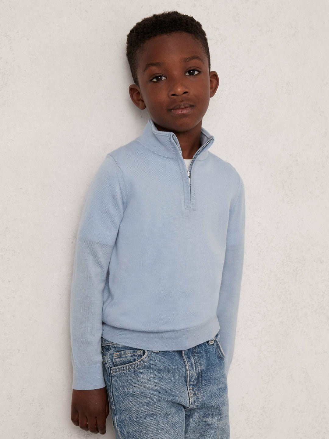 Reiss 3-9 yrs Merino Wool Half-Zip Funnel Neck Jumper in Soft Blue Melange
