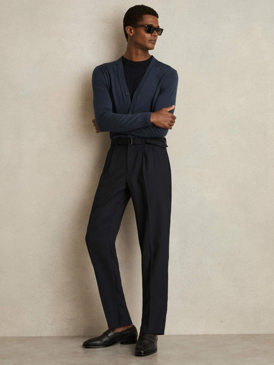 Reiss Wool-Blend Belted Pleated Trousers Regular-Fit in Navy