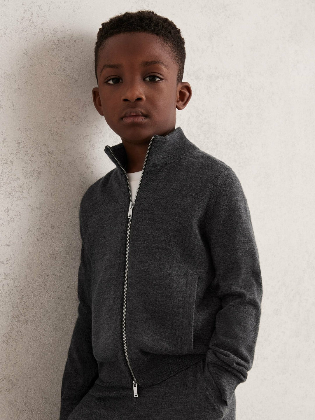 Reiss 9-13 yrs Merino Wool-Blend Zip-Through Cardigan in Derby Grey Melange
