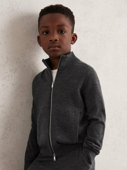 Reiss 9-13 yrs Merino Wool-Blend Zip-Through Cardigan in Derby Grey Melange