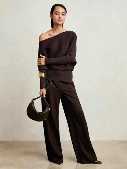 Reiss Asymmetric Draped Knitted Jumper in Plum