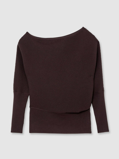 Reiss Asymmetric Draped Knitted Jumper in Plum