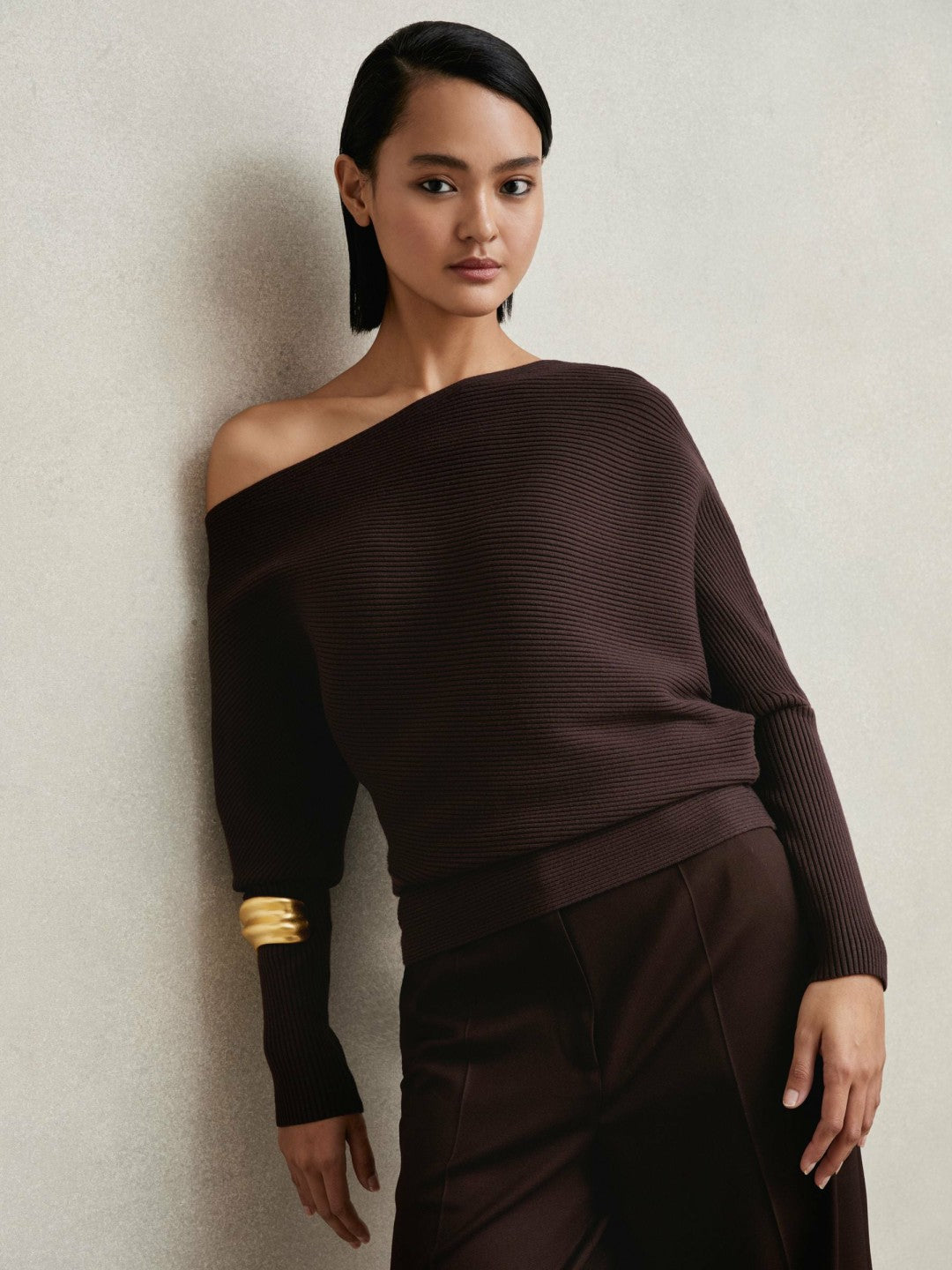 Reiss Asymmetric Draped Knitted Jumper in Plum