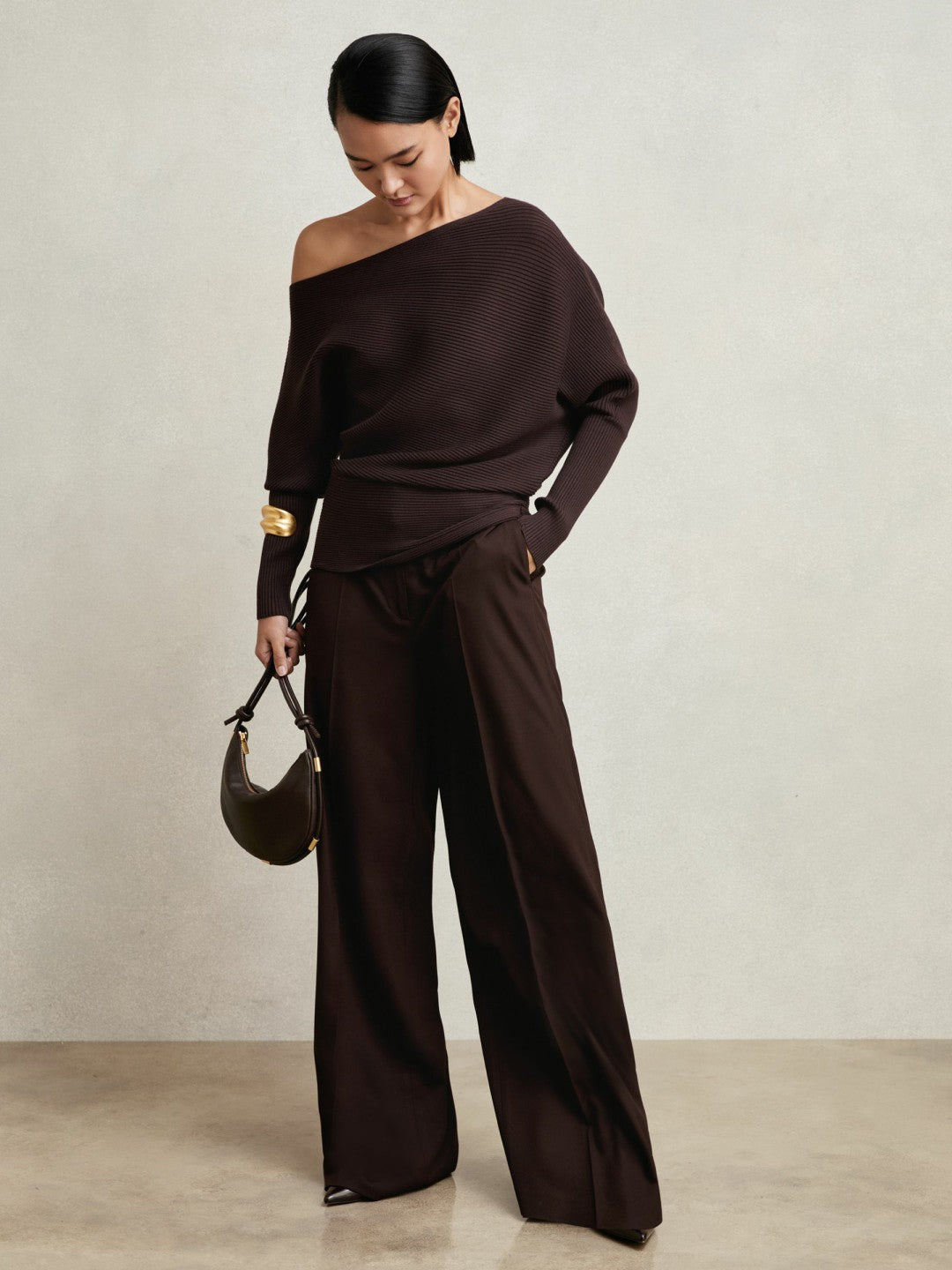 Reiss Asymmetric Draped Knitted Jumper in Plum