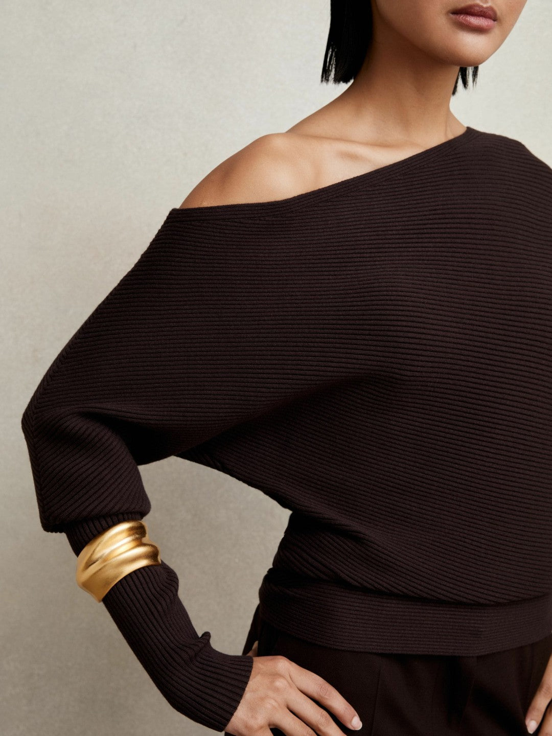 Reiss Asymmetric Draped Knitted Jumper in Plum