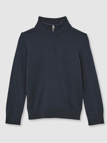 Reiss 9-13 yrs Merino Wool Half-Zip Funnel Neck Jumper in Midnight Navy