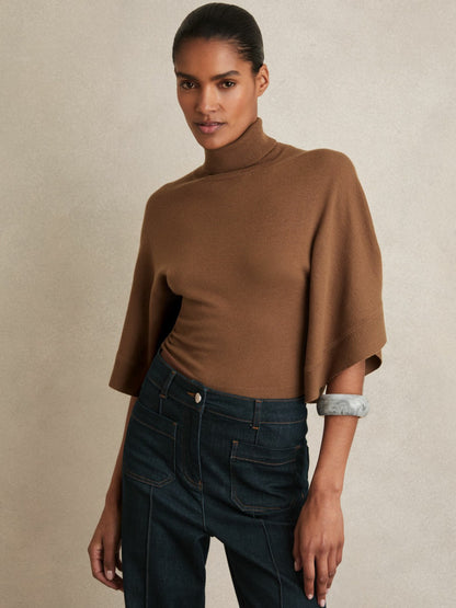 Reiss Merino Wool Batwing Roll-Neck Jumper in Tan