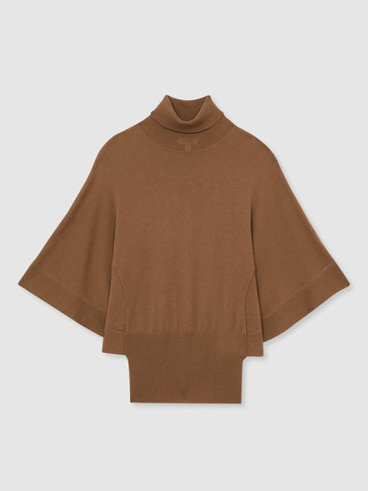 Reiss Merino Wool Batwing Roll-Neck Jumper in Tan